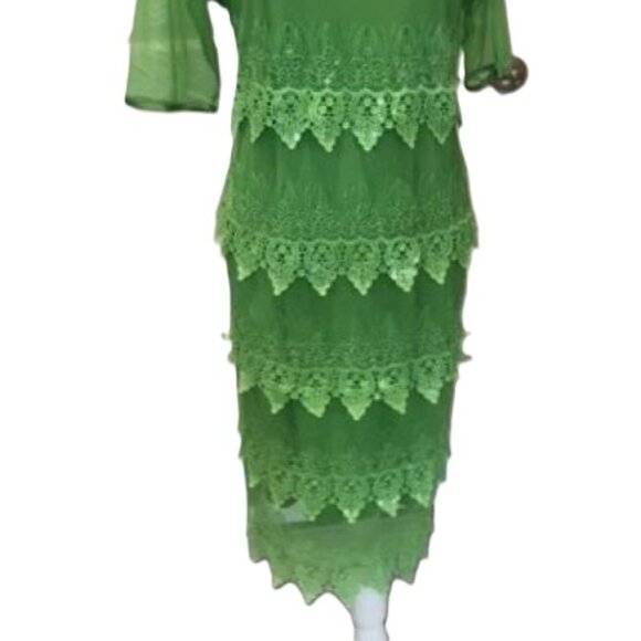 Badgley Mischka Green Sheer Lace Tiered Sequins Cocktail Dress LARGE NWT $145 - Picture 4 of 8
